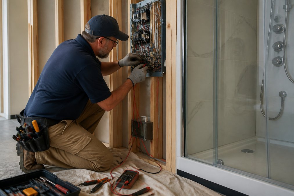 Licensed electrician wiring a steam shower control panel during a bathroom renovation project