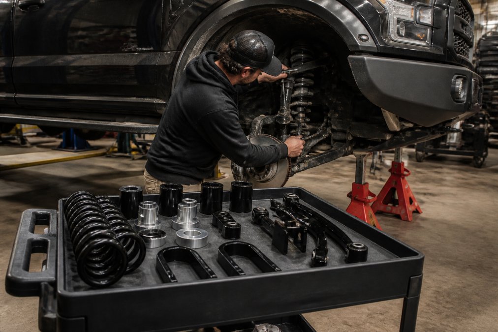 A mechanic in a home garage using a torque wrench on the suspension component of a lifted pickup truck, jack stands supporting the frame, tools and parts laid out on a rolling cart under fluorescent shop lighting