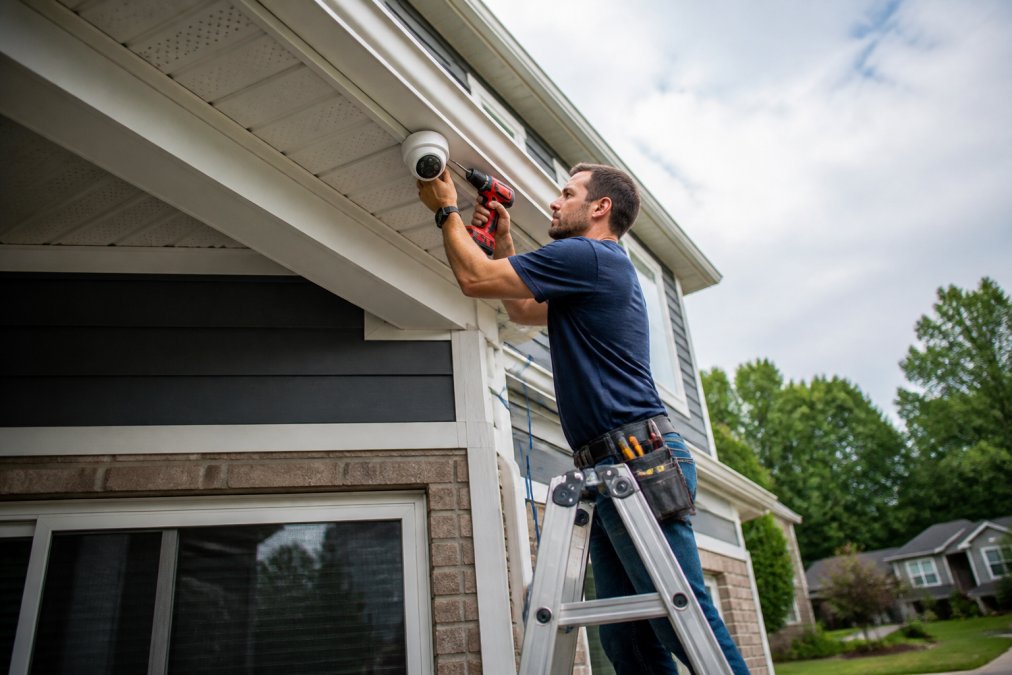Homeowner on a ladder mounting white AI security cameras under the eaves of a house with a drill and Ethernet cable