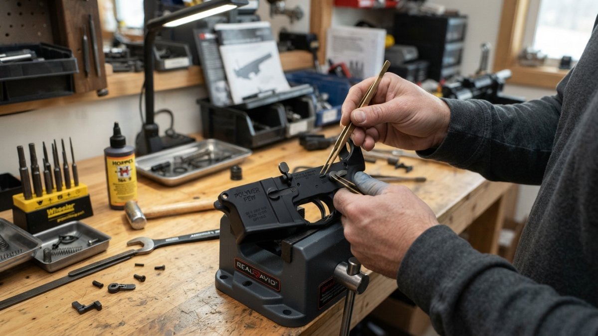 Professional gunsmith's hands carefully installing an ambidextrous safety selector into an AR-15 lower receiver with small tools and parts organized on a wooden workbench with task lighting