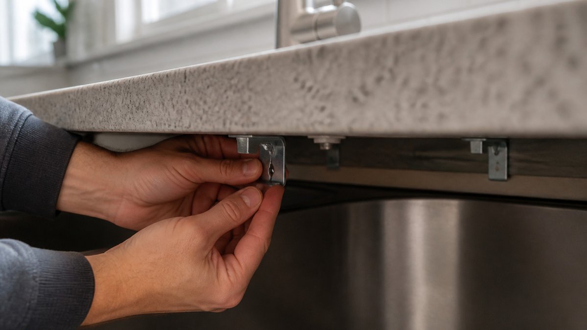Hands pressing a mounting clip under a granite countertop to support an undermount sink during the curing process