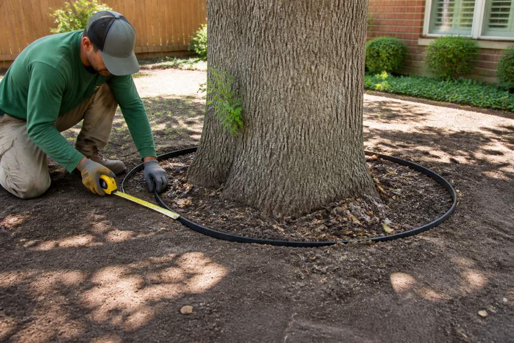 Diagram showing how to install artificial grass around trees by marking proper spacing and edging boundaries.