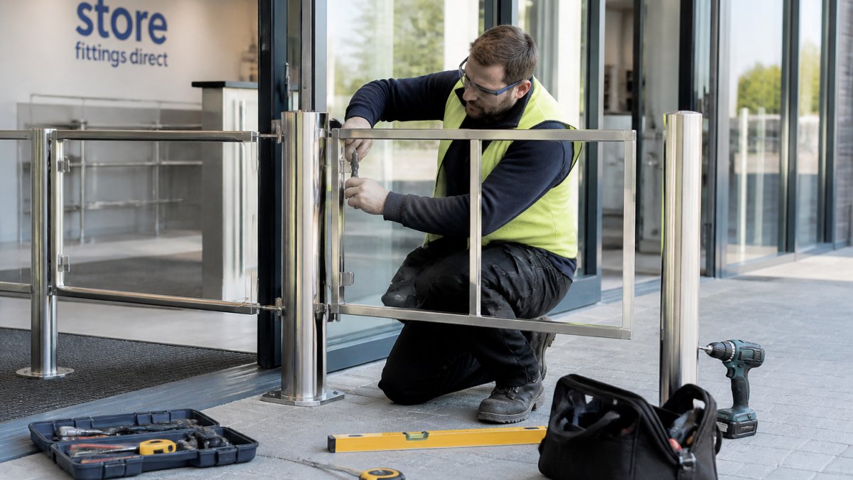 Professional installer adjusting the barrier rails of a retail swing gate using measuring tools.
