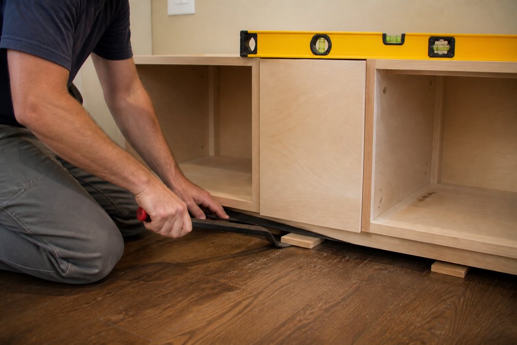 Using a pry bar and shims to level base kitchen cabinets on an uneven floor while checking with a spirit level