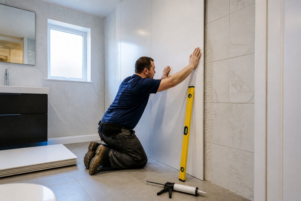 A person pressing a large white PVC bathroom wall panel firmly against a tiled wall surface in a bright modern bathroom, with a spirit level resting against the panel edge and a caulking gun on the floor nearby