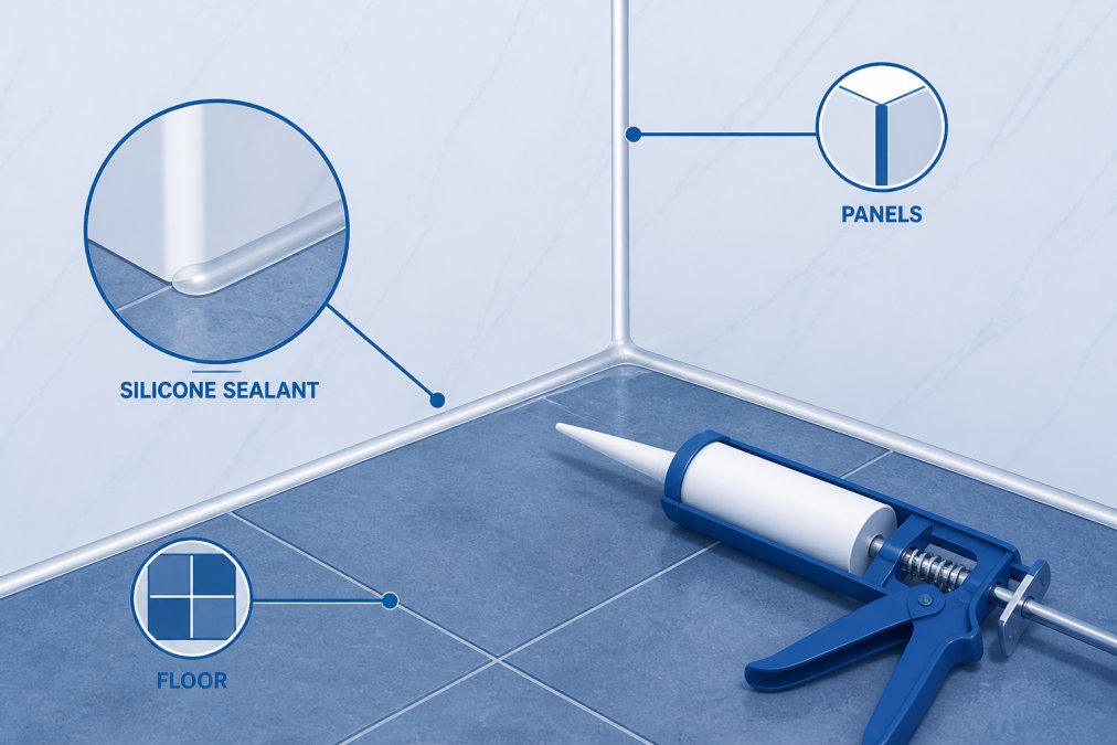 Close-up of a bathroom wall corner showing a neatly applied bead of clear silicone sealant along the join between two white panels and the floor, with a caulking gun resting on the floor tiles nearby