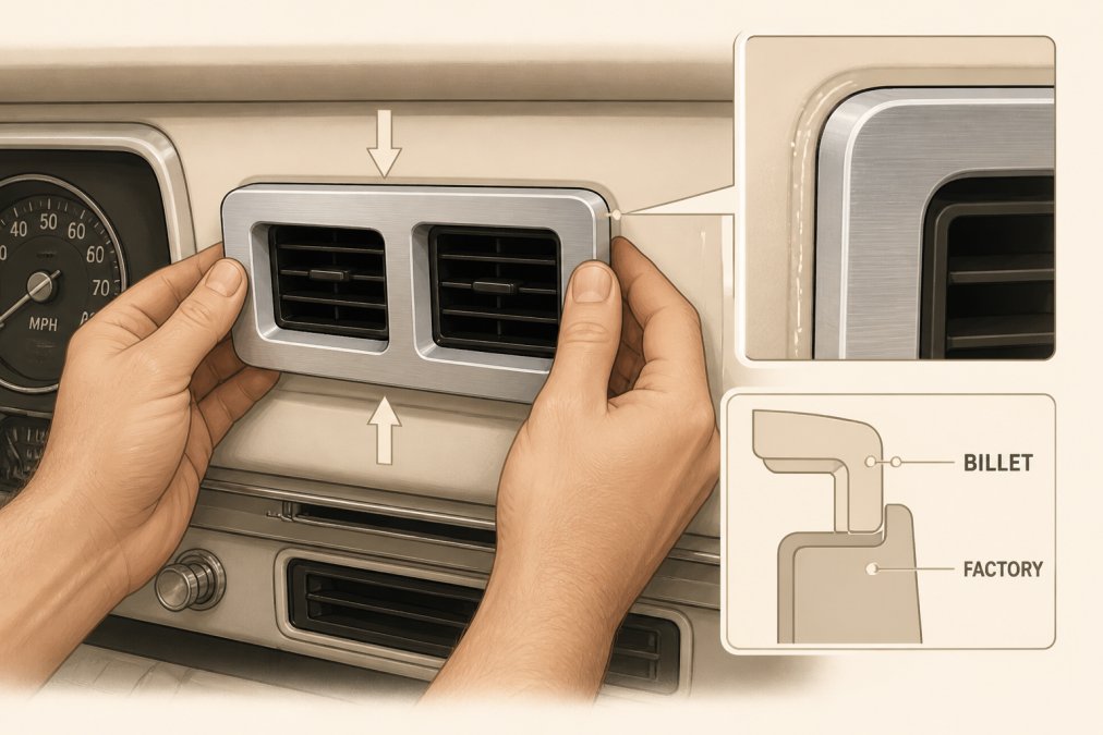 A pair of hands pressing a CNC-machined billet aluminum dash vent bezel with a brushed finish into the factory dash panel opening of a classic truck, showing the precision fit of the machined edges against the factory plastic surround, warm overhead garage lighting