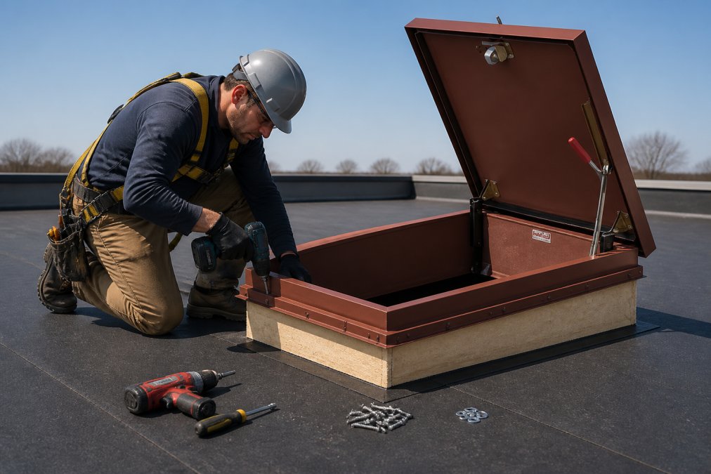 A contractor in a hard hat and safety harness kneeling on a flat commercial rooftop, securing the metal curb frame of a roof hatch with a drill driver, with fasteners and tools laid out on a rubber membrane surface in bright daylight