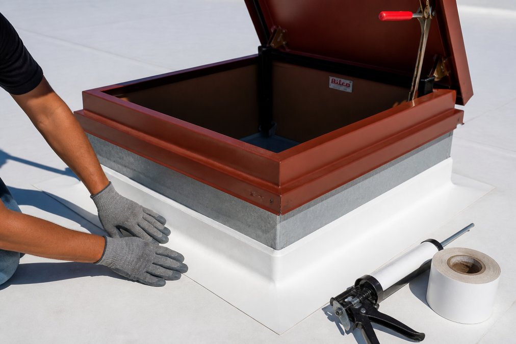Close-up of a roofer's gloved hands pressing flashing tape around the base flange of a galvanized steel roof hatch curb on a white TPO membrane rooftop, with a caulk gun and roll of flashing tape resting nearby in afternoon sunlight