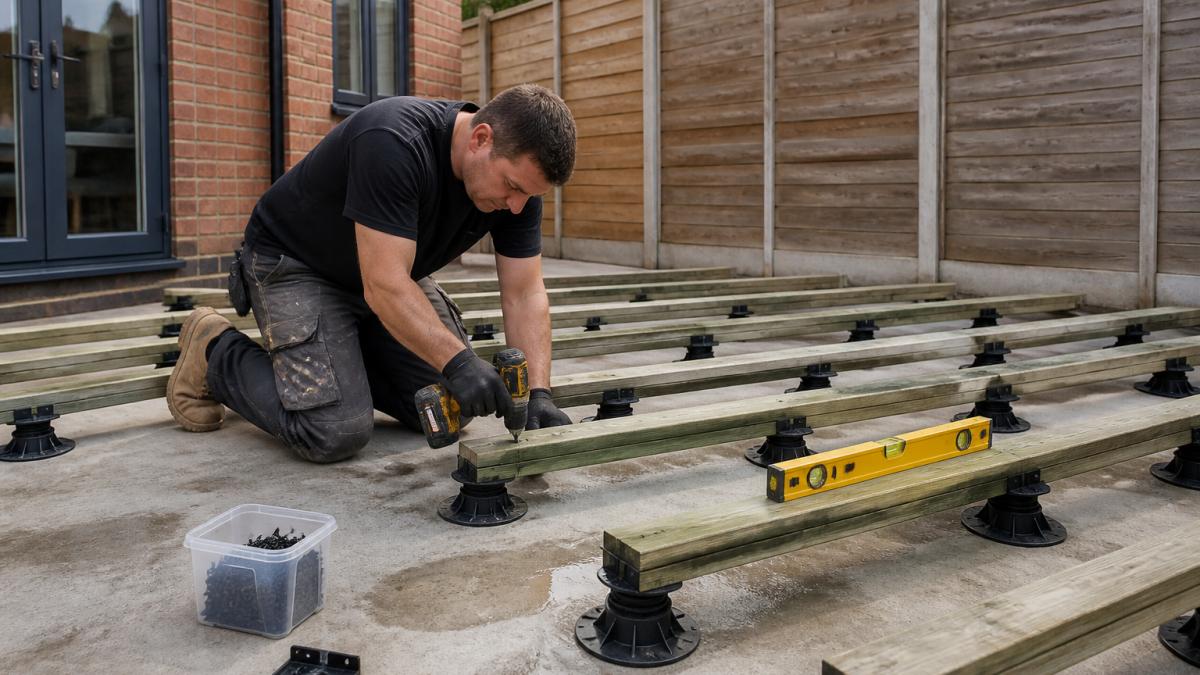 Landscaper installing adjustable pedestals and battens for a composite decking subframe on a concrete patio