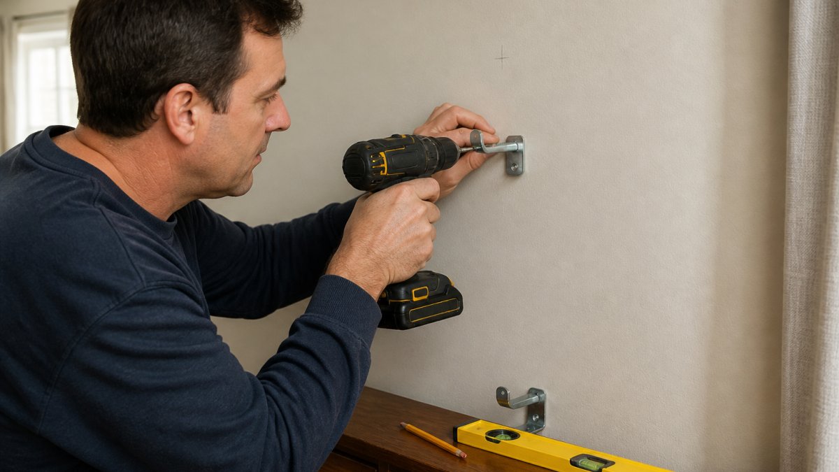 Hands using a cordless drill to mount a curtain bracket on a wall with a level and pencil mark nearby