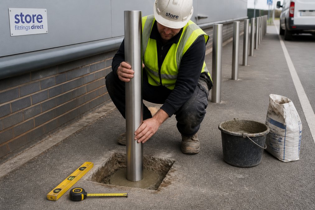 Contractor setting a stainless steel bollard into wet concrete to demonstrate how to install different types of bollards.