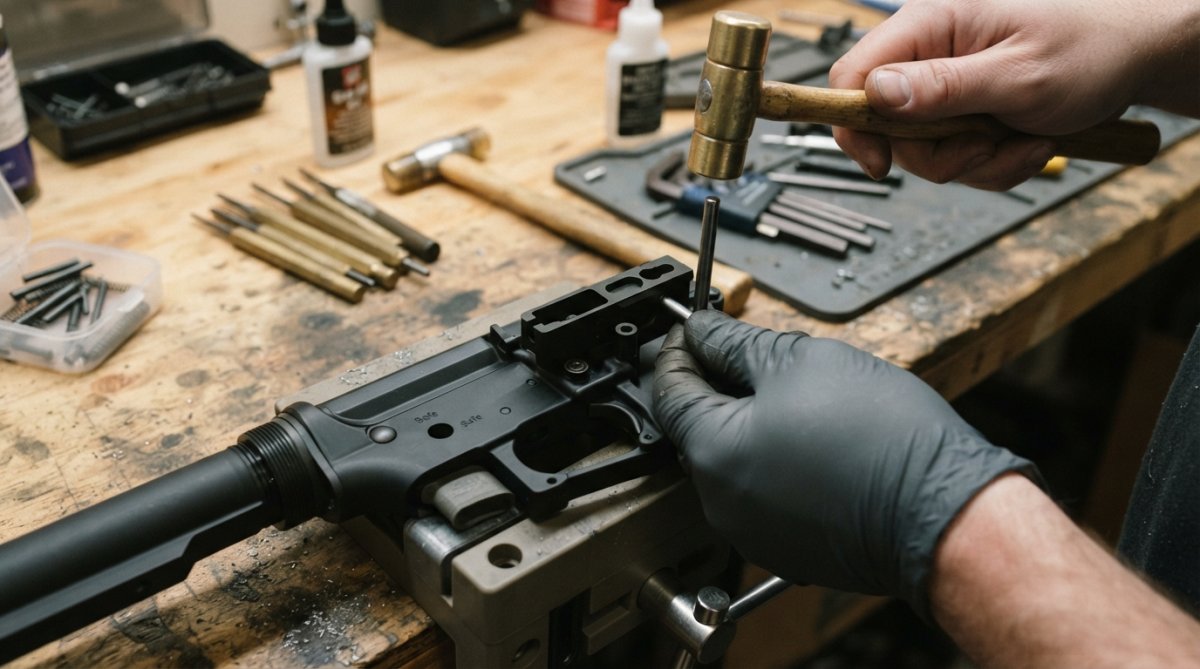 Using a punch and hammer to seat a pin into a lower receiver during installation of drop-in triggers