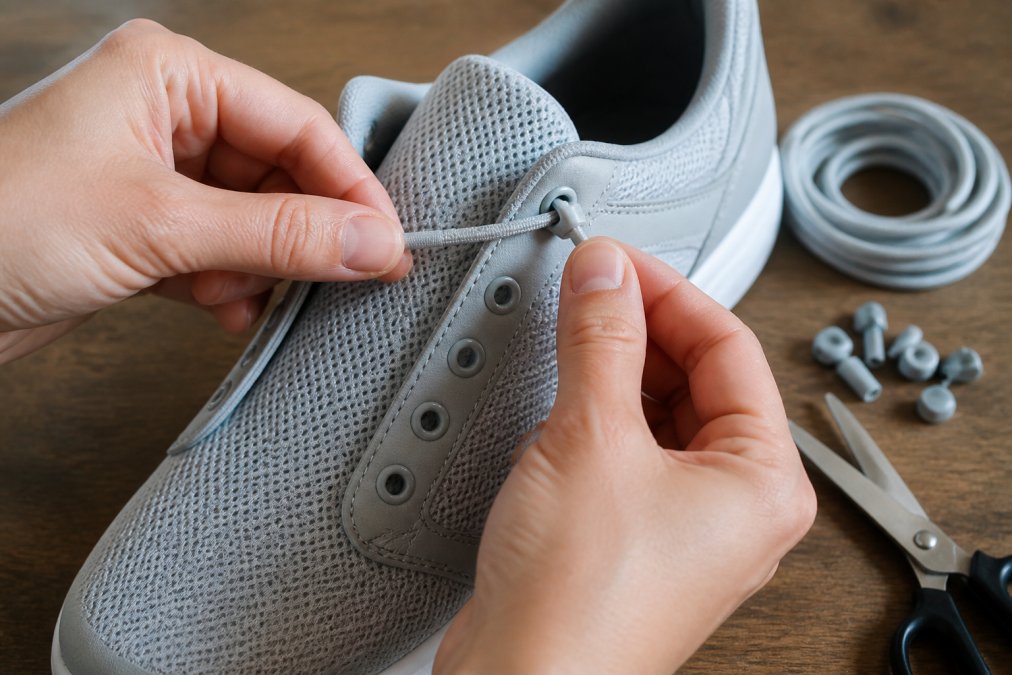 Close-up of hands threading elastic shoelace with visible aglet through shoe eyelet, sneaker positioned on flat work surface with natural lighting