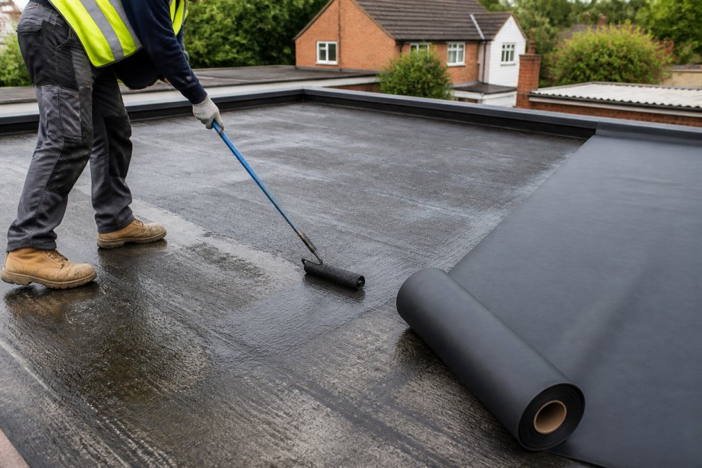 Roofer in safety gear applying adhesive during EPDM over felt installation on a flat roof deck
