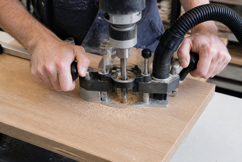 Professional joiner's hands using a drilling jig to bore a hinge cup hole into a light wood cabinet door, showing the 35mm drill bit entering the marked position with dust extraction in place