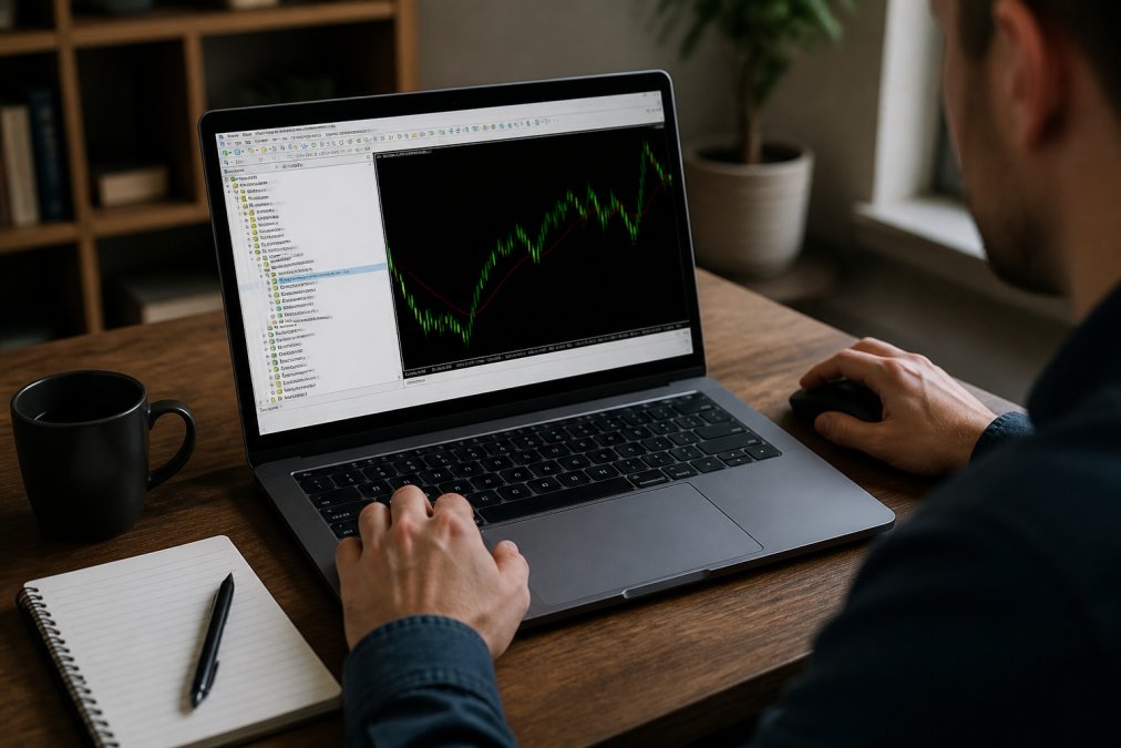 A trader's desk with a laptop showing the MetaTrader 5 Navigator panel and an Expert Advisor being dragged onto a chart, with a coffee mug and notebook nearby in a home office