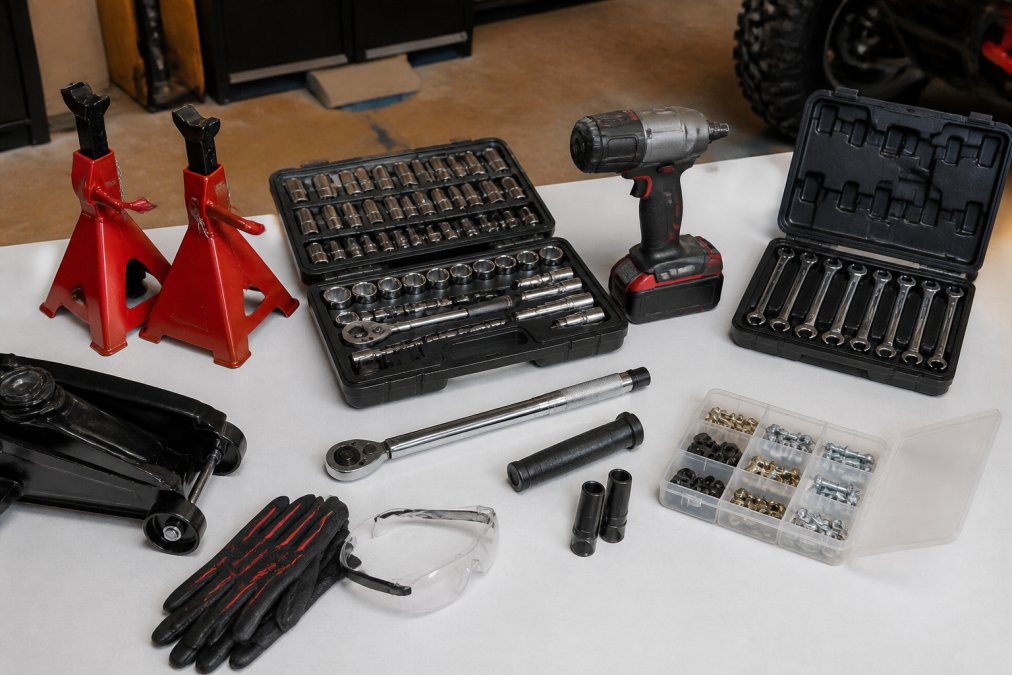 Workbench with golf cart lift kit installation tools laid out including socket set, impact wrench, jack stands, torque wrench, safety gear, and hardware kit arranged neatly on white surface