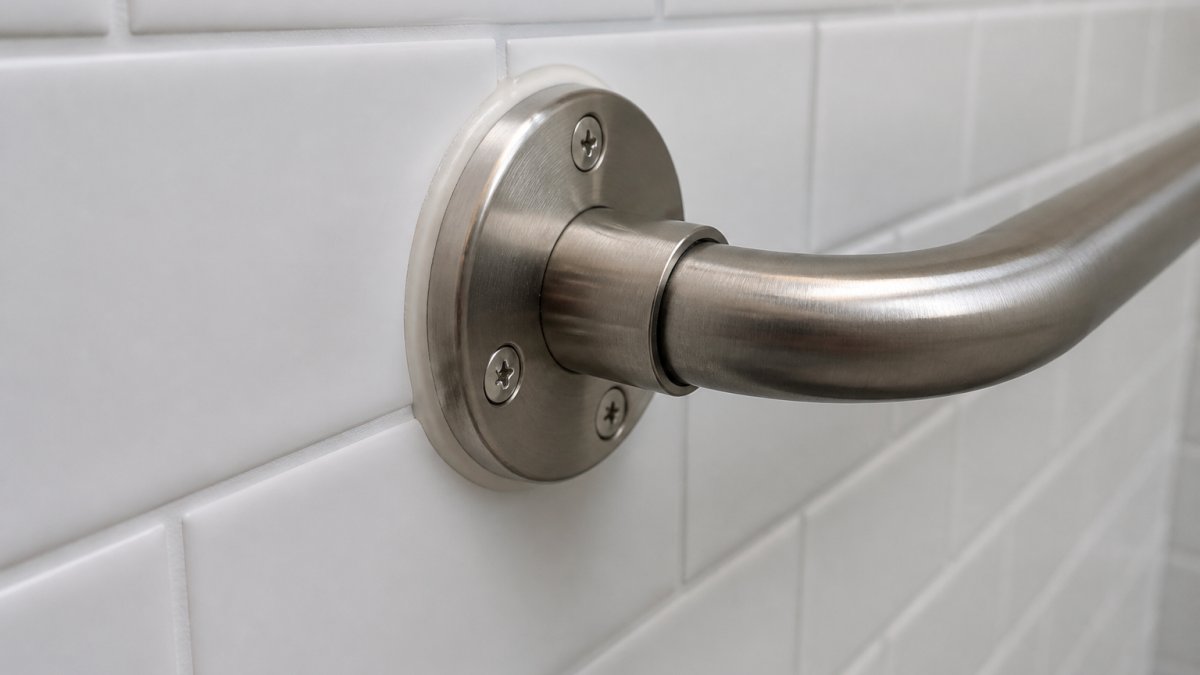 Close-up of a brushed stainless steel grab bar mounted securely on white subway tile wall, showing the mounting hardware, spacer, and finished installation with proper caulking around the base