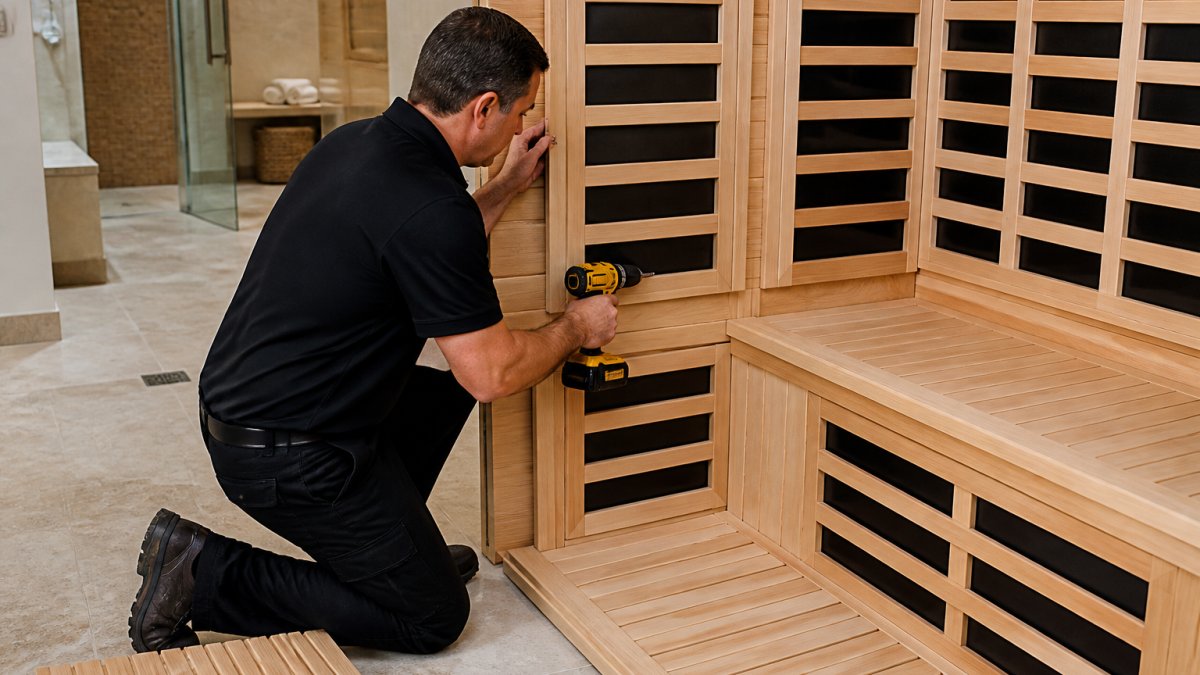 Commercial spa technician assembling infrared sauna panels with power drill, showing wall panel connection and bench installation in progress in a spa facility