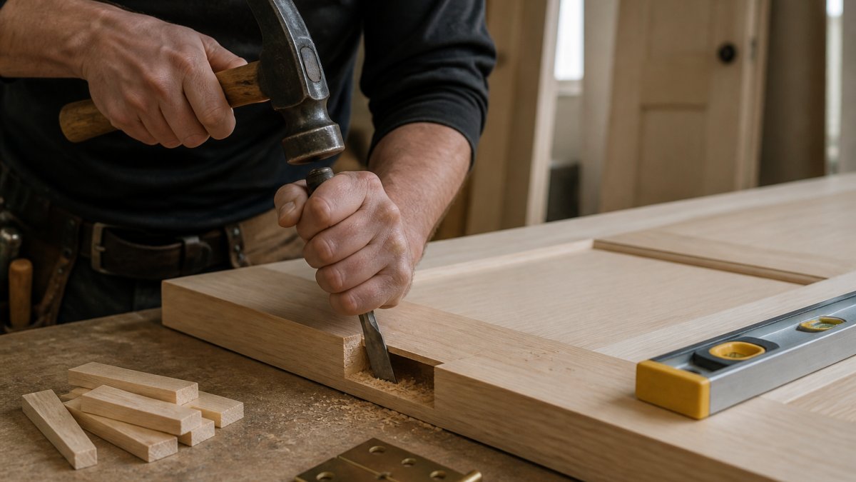 Professional carpenter's hands carefully mortising hinge locations into a wooden door slab using a chisel and hammer, with shims and a level visible on the workbench