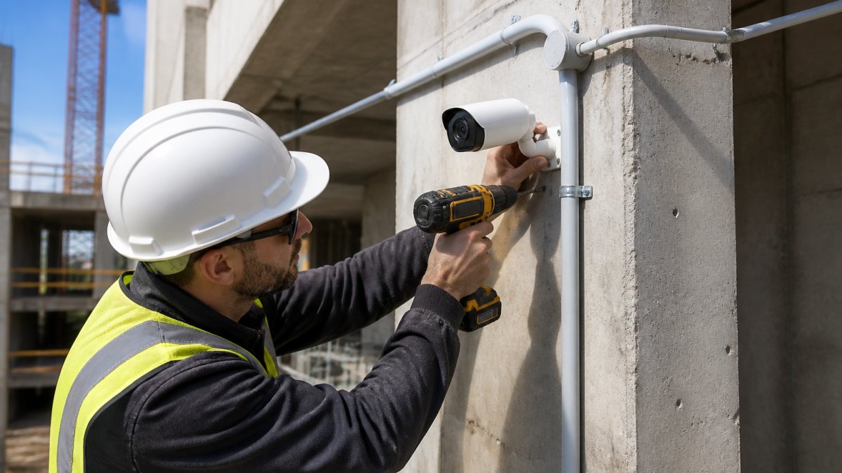 Technician mounting an IP camera on a concrete wall to show how to install IP cameras for construction sites.
