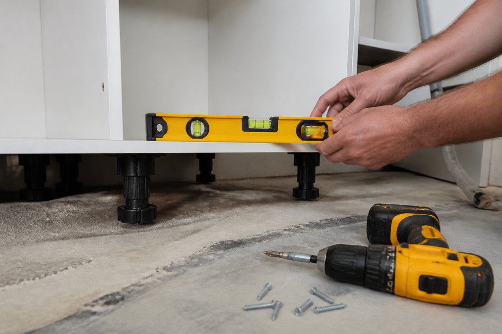 Using a spirit level to align the legs of kitchen base units on an uneven floor with tools nearby.