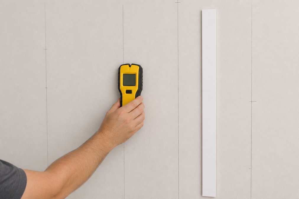 Close-up of a stud finder being held against drywall with pencil markings visible on the wall surface showing vertical lines where studs are located
