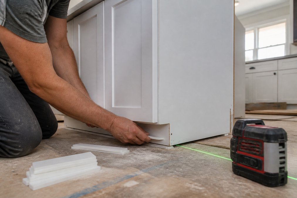Hands placing shims under a base cabinet while using a laser level to check alignment, with the cabinet partially installed in a kitchen setting