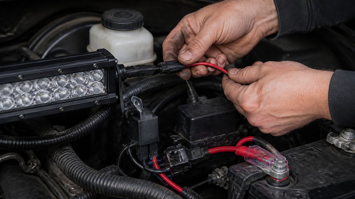 Diagram showing the electrical connection process for an LED light bar wiring harness using a relay and battery.