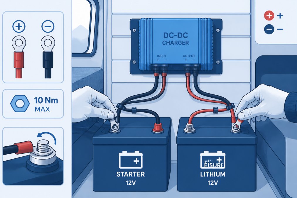 Hands connecting insulated cable lugs to battery terminals with a DC-DC charger unit mounted on a bracket in a campervan, showing proper terminal torque and colour-coded wiring
