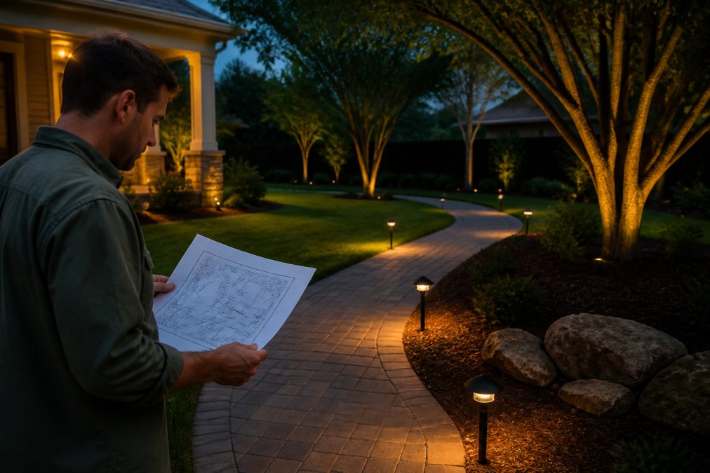 A homeowner standing in a yard at dusk reviewing a paper layout plan, with low voltage path lights placed along a walkway and small uplights aimed at a tree
