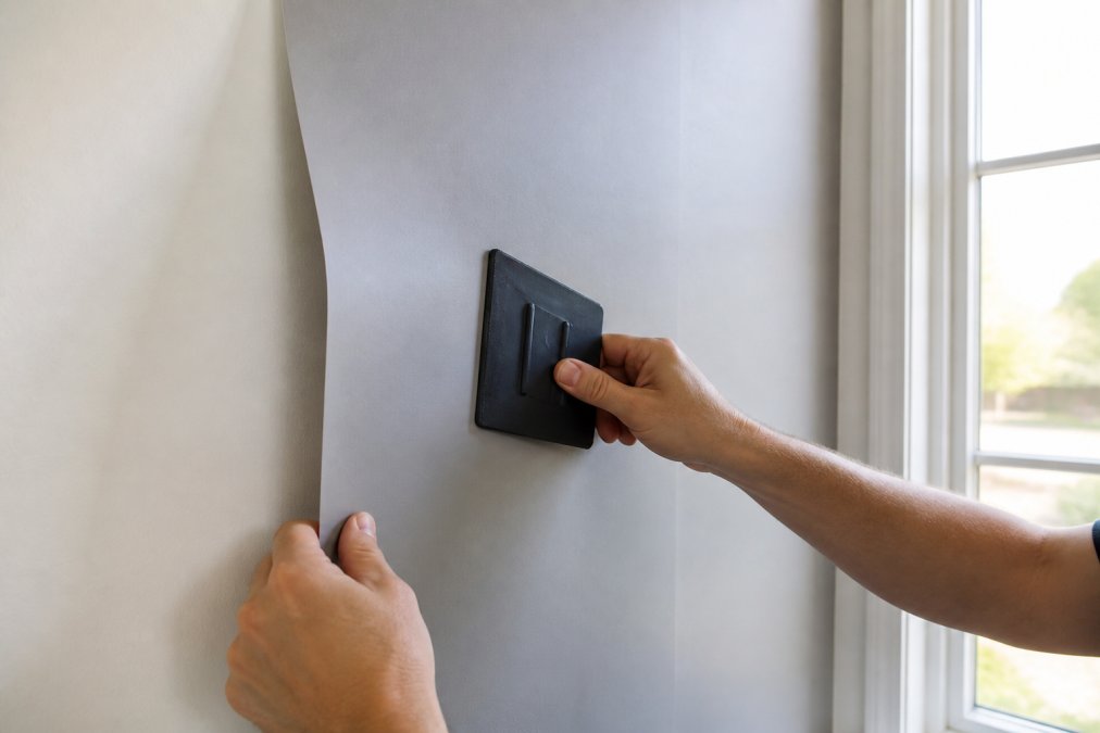 Close-up of hands using a plastic smoothing tool to remove air bubbles from magnetic wallcovering being applied to a white drywall surface, with natural morning light from a window