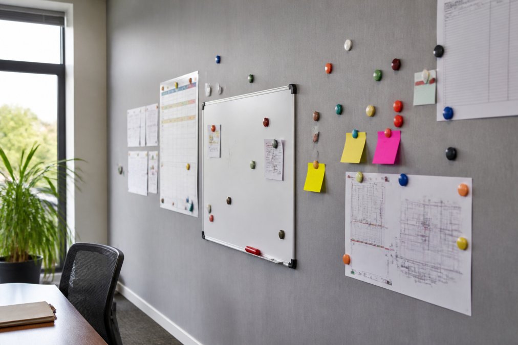 Modern office wall covered with magnetic wallcovering holding coloured magnets, dry-erase boards, and collaborative planning notes in natural daylight, demonstrating the wall's magnetic receptivity and practical use