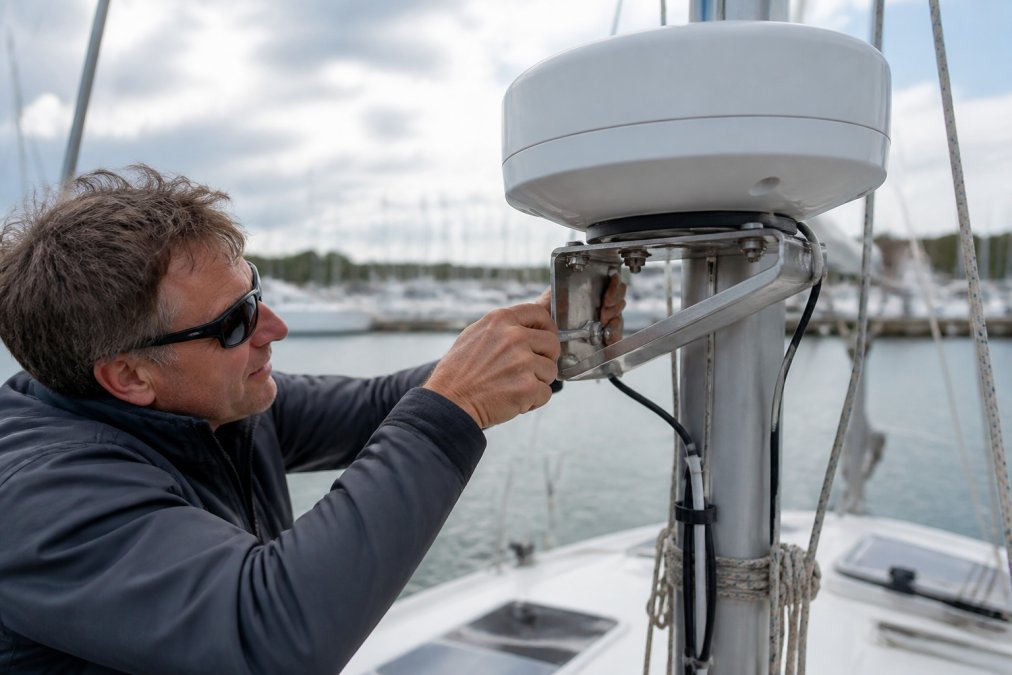 A person using a wrench to secure a marine radar dome to a mast bracket on a sailboat