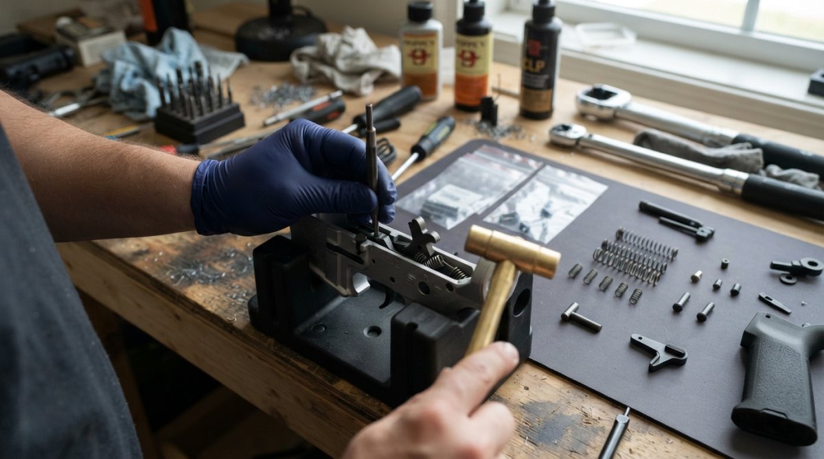 Close-up of a builder's hands using a roll pin punch and bench block to press a trigger pin through a stripped AR-style lower receiver on a workbench, with a lower parts kit spread out on a white cloth nearby, under bright overhead shop lighting
