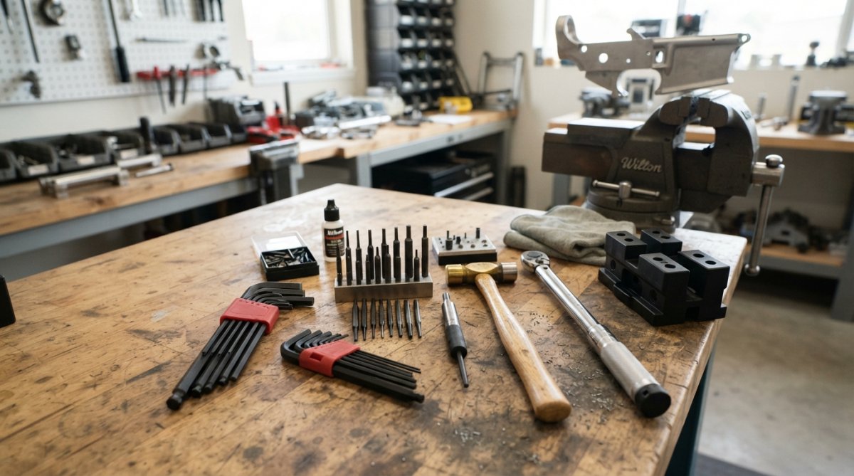 Flat lay of essential assembly tools arranged on workbench including hex keys, punch set, roll pin tools, torque wrench, receiver block, and small hammer with soft jaw vise in background under bright workshop lighting