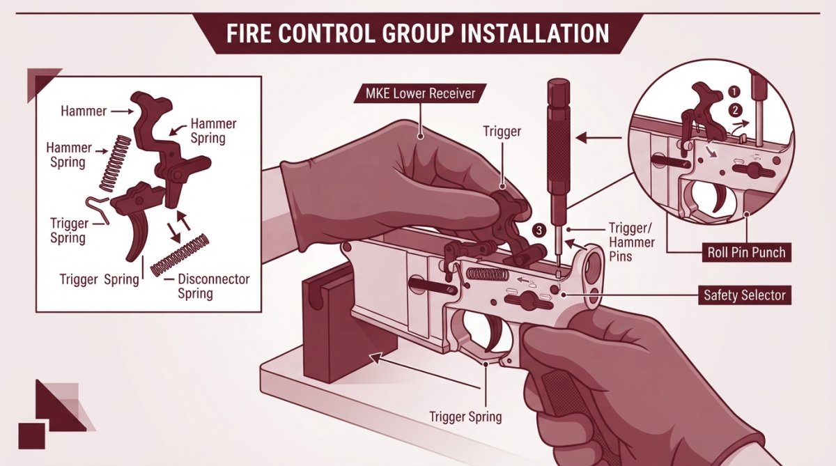 Close-up of hands installing fire control group components into stripped receiver showing proper alignment and roll pin punch placement during assembly