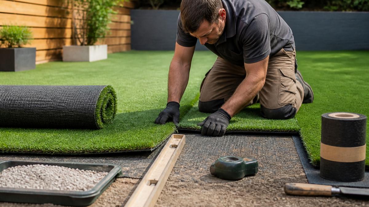 Professional aligning and seaming artificial grass rolls on a prepared sub-base during artificial grass installation