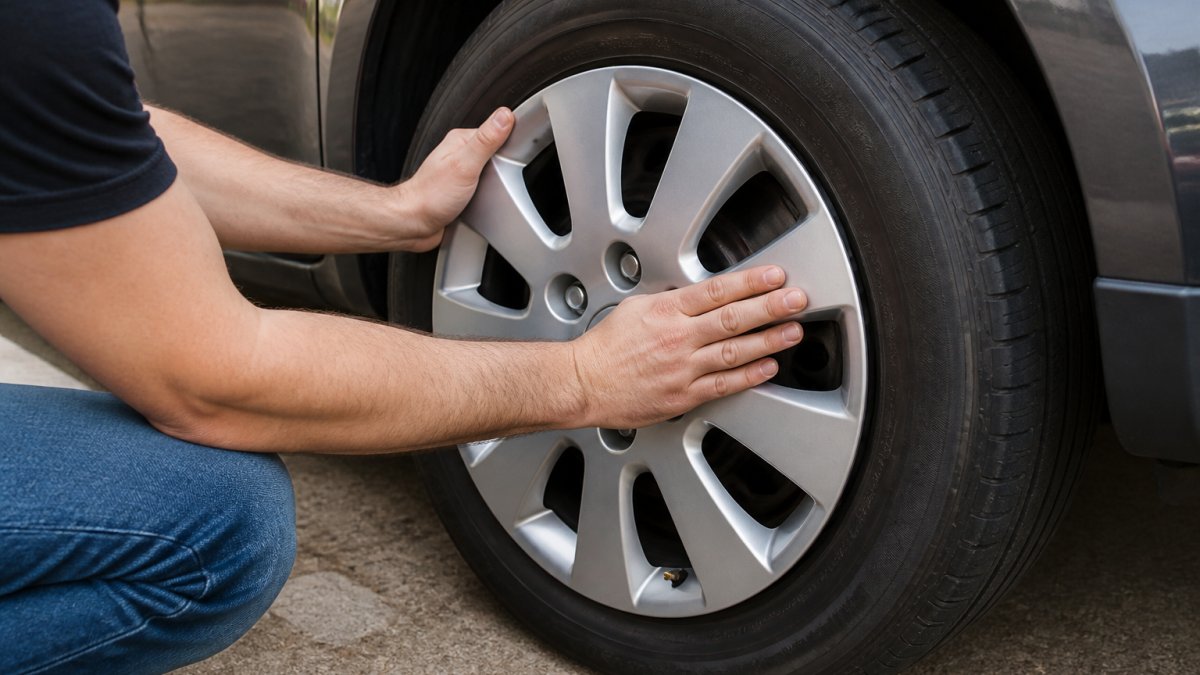 Close-up of a person's hands pressing a new silver wheel cover onto a car wheel, fingers applying even pressure around the edge with the valve stem visible through its opening, daylight in a driveway