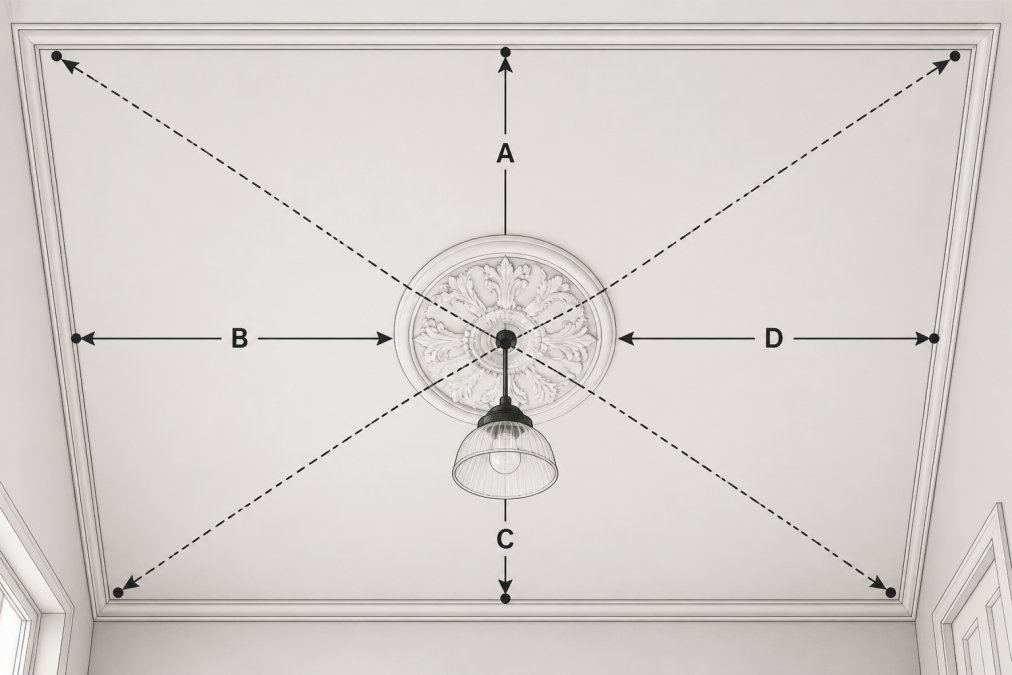 Diagram showing how to find the ceiling center to install ornate ceiling roses by marking intersecting diagonals.