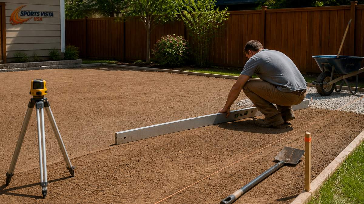 Outdoor residential backyard with cleared ground, measuring tools, and leveling equipment in progress, showing soil preparation work under bright daylight
