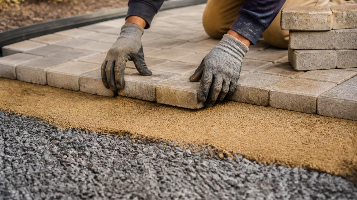 Professional contractor's hands positioning permeable pavers on tan bedding layer with crushed stone visible beneath, natural daylight illuminating the installation work