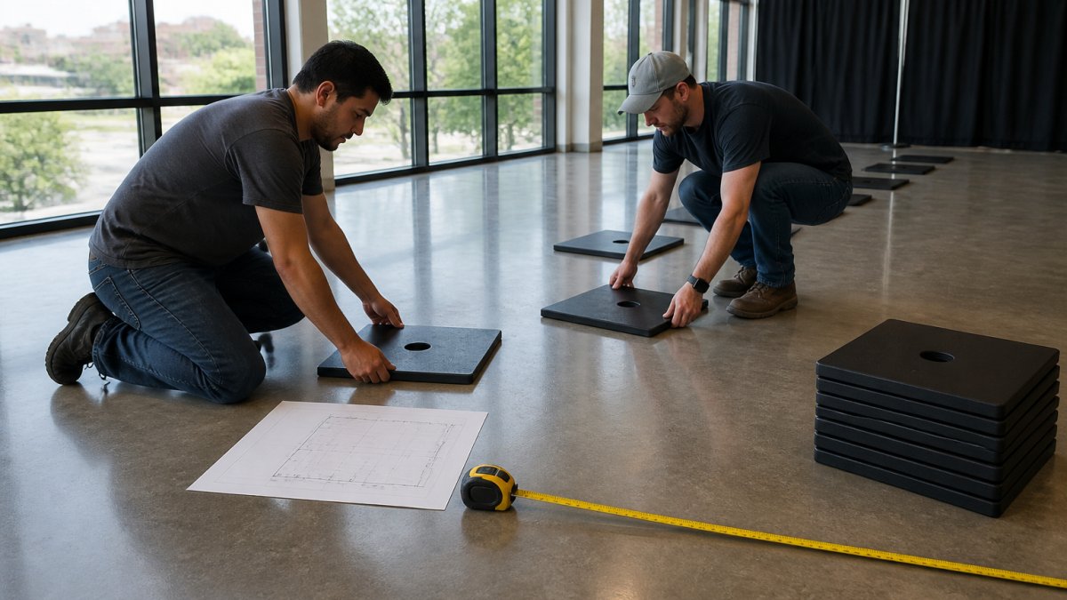 Two event crew members in casual clothes positioning heavy black base plates on a polished concrete floor, with a measuring tape and a hand-drawn floor plan visible nearby, bright natural light from tall windows