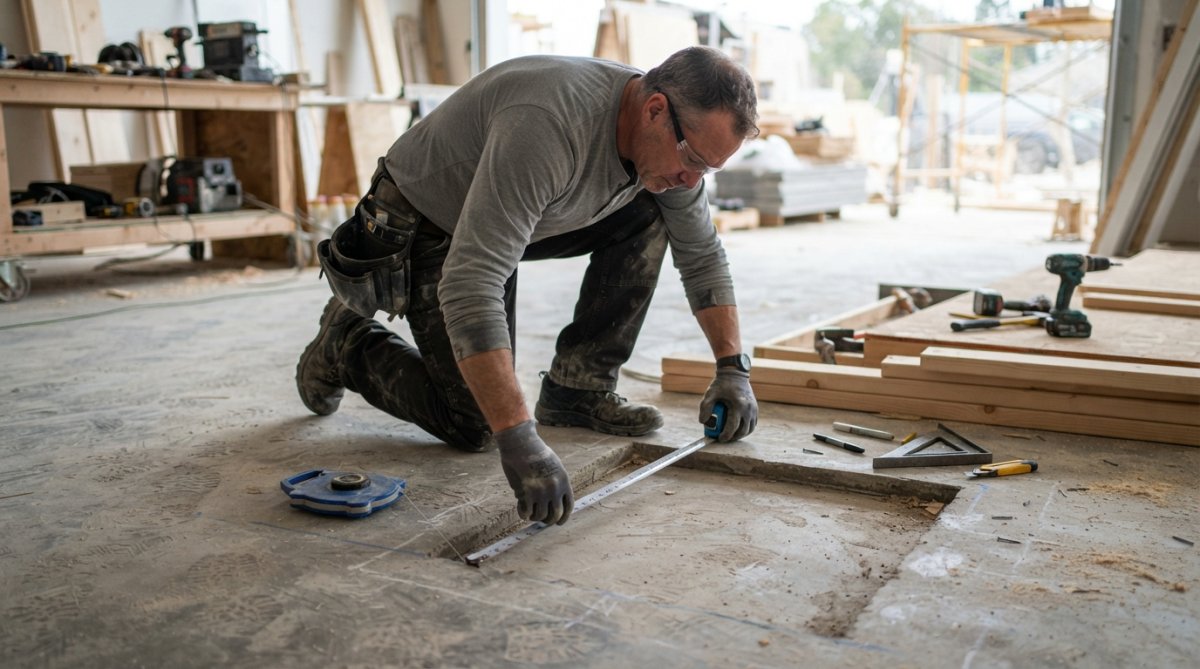 Professional contractor measuring and marking rough opening dimensions on concrete floor with tape measure and chalk line, bent over work surface with concrete dust visible