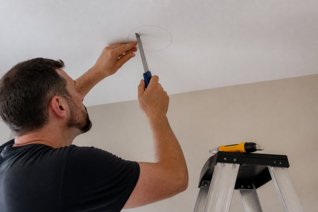 Homeowner using a drywall saw to cut a hole in a ceiling for recessed lighting installation