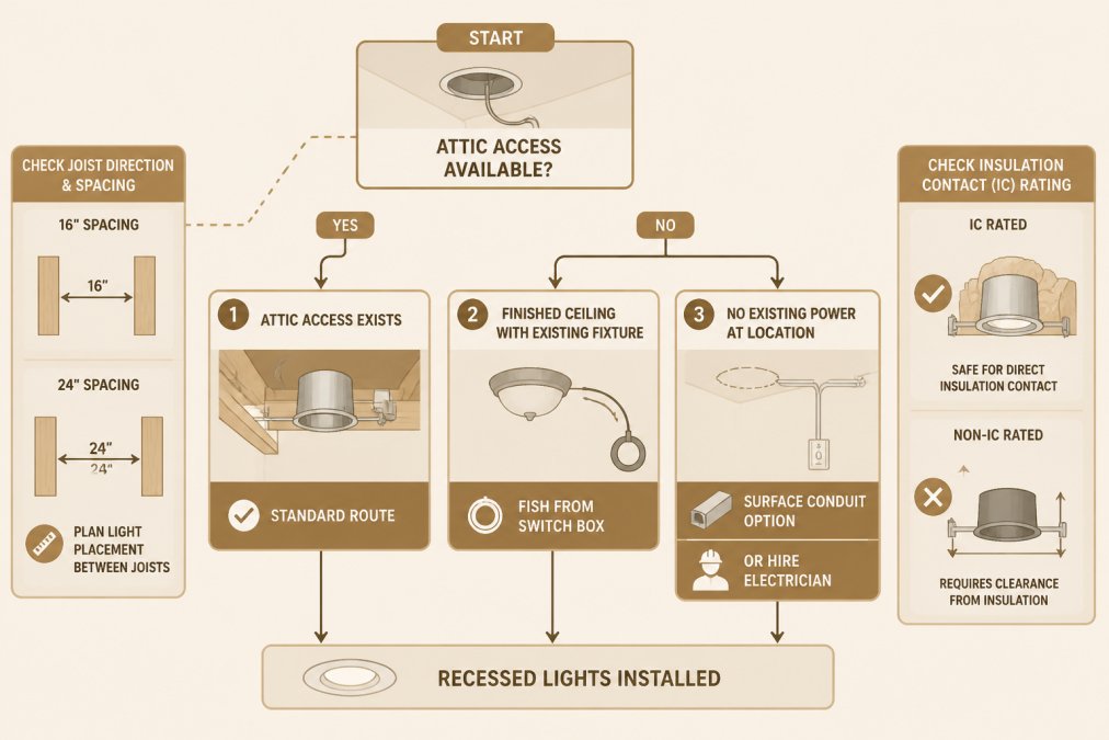 Decision flowchart for planning recessed lighting installation without attic access or existing power