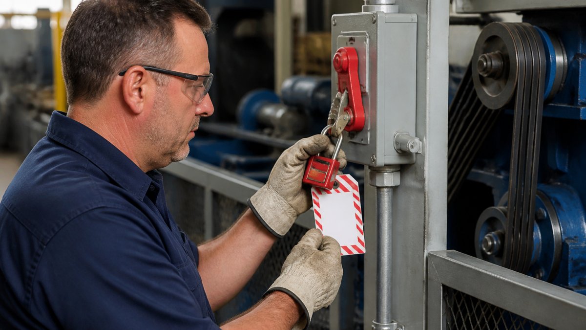 Maintenance technician in safety glasses and gloves locking out a machine's power supply with a padlock and tag before beginning belt work