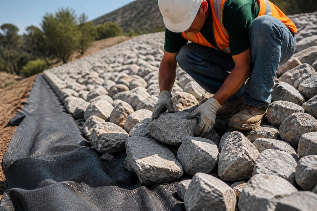 Professional worker placing riprap stones on prepared slope with visible geotextile fabric underneath, demonstrating proper stone interlocking and placement technique with natural sunlight
