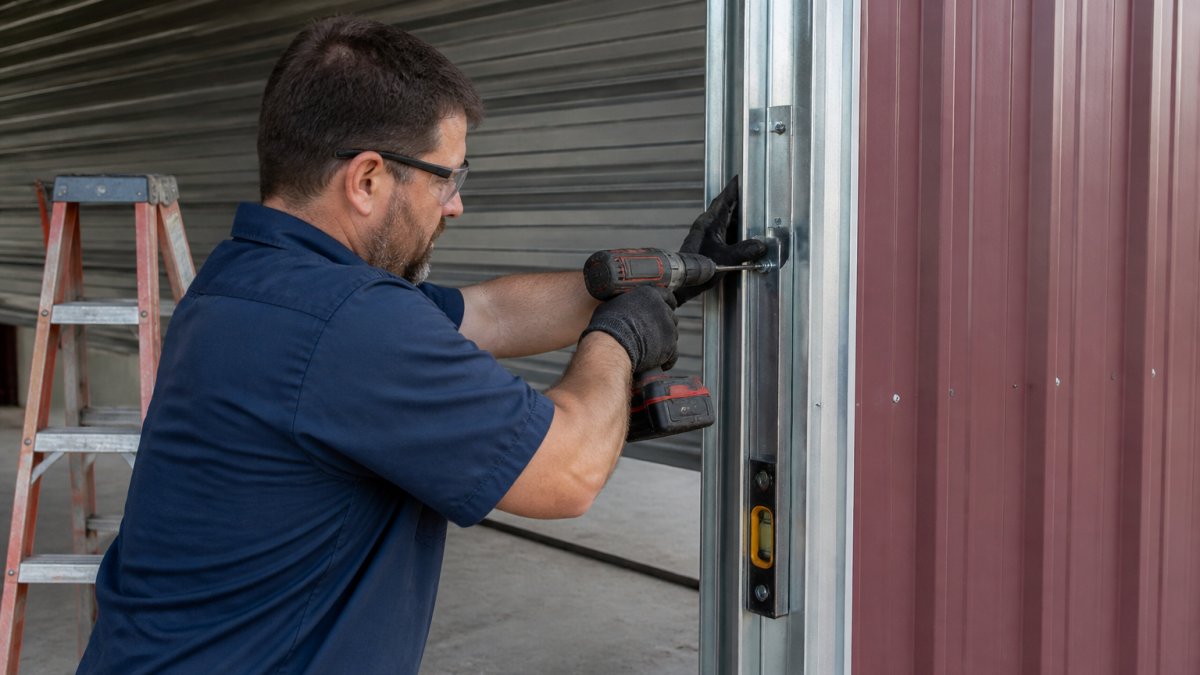 A contractor in work gloves and safety glasses using a cordless drill to fasten a metal door guide to the jamb of a commercial roll-up door opening, with a level held against the guide and a ladder nearby